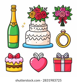 Collection of celebration items featuring a cake, flowers, ring, champagne bottle, and gifts for festive occasions and special events.