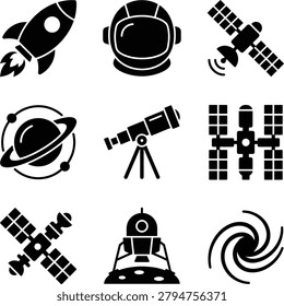 Collection of celestial body and cosmic journey symbols. Ideal for science education research or futuristic web design projects.