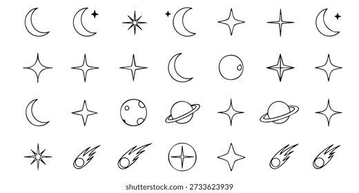 Collection of celestial body illustrations featuring moon, star, planet, comet, and sun icons in a simple line art style