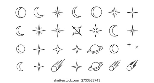 Collection of celestial body illustrations featuring moon, star, planet, comet, and sun icons in a simple line art style