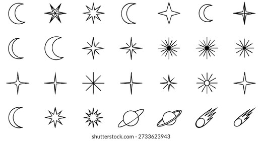 Collection of celestial body illustrations featuring moon, star, planet, comet, and sun icons in a simple line art style