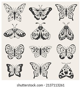 Collection of celestial butterflies and moths. Black outline design. Vector with a slotted pattern. This boho set are good for design of mystical project, card and poster making, decoration clothes