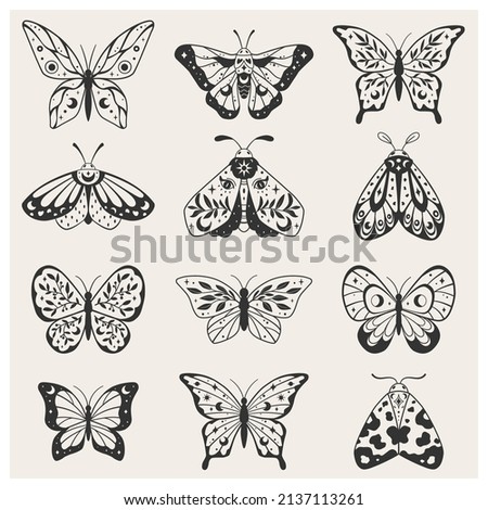Collection of celestial butterflies and moths. Black outline design. Vector with a slotted pattern. This boho set are good for design of mystical project, card and poster making, decoration clothes