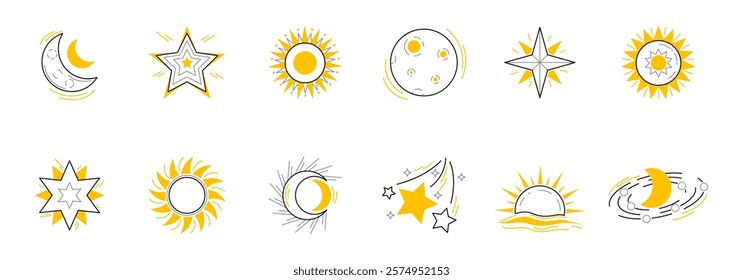 A collection of celestial icons featuring suns, moons, stars, and a galaxy, designed in yellow and grey.