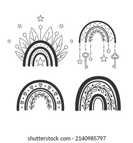 Colección de arcos celestes. Diseño de contorno negro. Mira perfectamente la camiseta, el afiche, la decoración de la guardería, el diseño de la ropa.