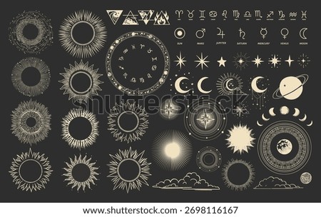 A collection of celestial symbols with the sun, moon, stars, zodiac wheel, and constellations on a dark background. Vintage vector illustration on astronomy and astrology. Concept of cosmic and