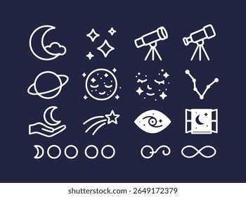 Collection of celestial themed icons including moons stars planets telescopes constellations and other mystical symbols on a dark background.