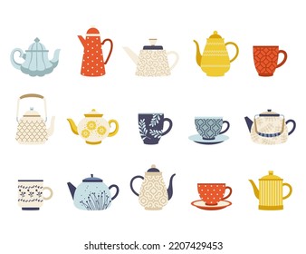 Collection of ceramic cups, teapots and kettles isolated on white background. Decorative kitchen tools, household utensils, drinkware or glassware for tea ceremony. Flat cartoon vector illustration.