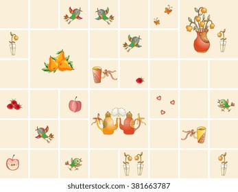 Collection of ceramic kitchen tiles with teapots, flowers, birds, hearts, fruits and berries. Vector illustration. 