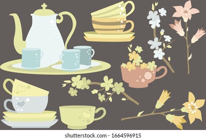 Collection of ceramic teapots, mugs and flowers, vector illustrations 