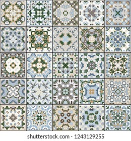 A collection of ceramic tiles in blue and beige retro colors. A set of square patterns in ethnic style. Vector illustration.