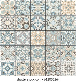 A collection of ceramic tiles in blue and beige colors. A set of square patterns in eastern style. Vector illustration.
