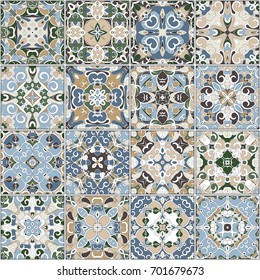 A collection of ceramic tiles in blue and beige retro colors. A set of square patterns in ethnic style. Vector illustration.