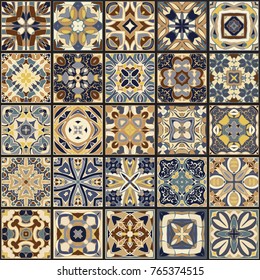 A collection of ceramic tiles in blue and beige retro colors. A set of square patterns in ethnic style. Vector illustration.