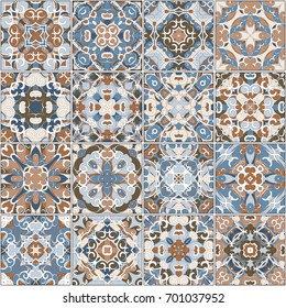 A collection of ceramic tiles in blue and brown retro colors. A set of square patterns in ethnic style. Vector illustration.