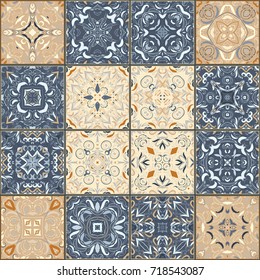 A collection of ceramic tiles in blue and brown colors. A set of square patterns in eastern style. Vector illustration.
