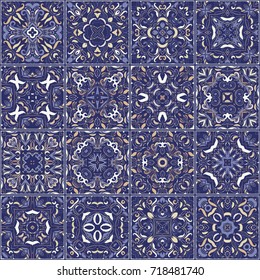 A collection of ceramic tiles in blue colors. A set of square patterns in ethnic style. Vector illustration.