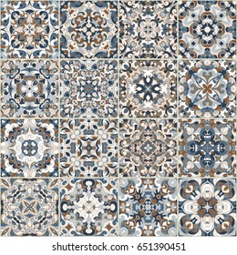 A collection of ceramic tiles in blue retro colors. A set of square patterns in ethnic style. Vector illustration.
