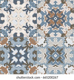A collection of ceramic tiles in blue retro colors. A set of square patterns in ethnic style. Vector illustration.