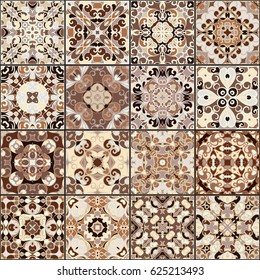 A collection of ceramic tiles in brown colors. A set of square patterns in ethnic style. Vector illustration.
