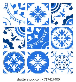 Collection of ceramic tiles with different traditional oriental patterns and antique decorative ornaments in blue and white colors. Vector illustration in vintage azulejo or victorian style.