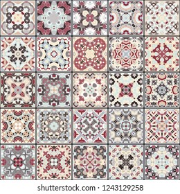 A collection of ceramic tiles in red and beige colors. A set of square patterns in ethnic style. Vector illustration.