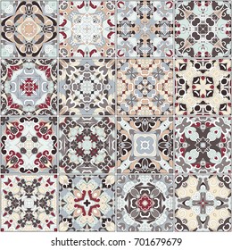 A collection of ceramic tiles in red and beige colors. A set of square patterns in ethnic style. Vector illustration.