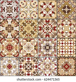 A collection of ceramic tiles in red gold colors. A set of square patterns in Oriental style. Vector illustration.