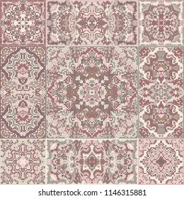 A collection of ceramic tiles in retro colors. A set of square patterns in ethnic style. Vector illustration.