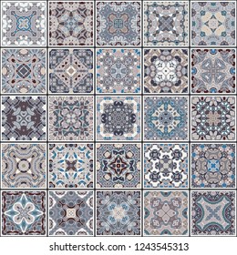 A collection of ceramic tiles in retro colors. A set of square patterns in ethnic style. Vector illustration.
