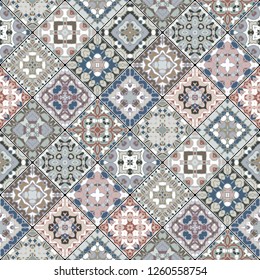 A collection of ceramic tiles in retro colors. A set of square patterns in ethnic style.