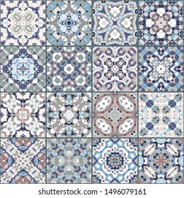 A collection of ceramic tiles in retro colors. A set of square patterns in ethnic style. Vector illustration.