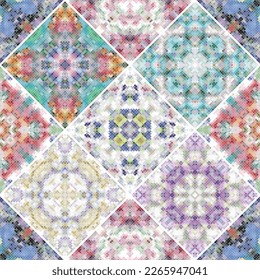 A collection of ceramic tiles in retro colors. A set of square patterns in ethnic style.
