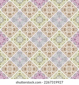A collection of ceramic tiles in retro colors. A set of square patterns in ethnic style.