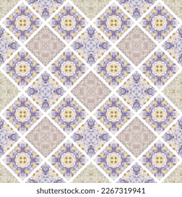 A collection of ceramic tiles in retro colors. A set of square patterns in ethnic style.