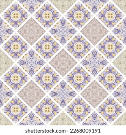 Eine Kollektion Keramikfliesen in Retrofarben. Eine Reihe von quadratischen Mustern im ethnischen Stil. Ethnische Boho nahtlose Muster. Traditionelle Ornamente. Folkloremotiv. Textilrapport.