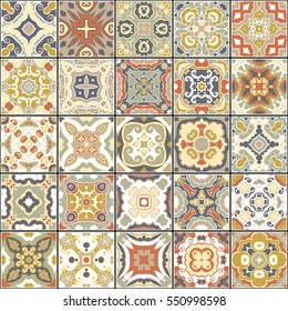 A collection of ceramic tiles in retro colors. A set of square patterns in ethnic style. Vector illustration.