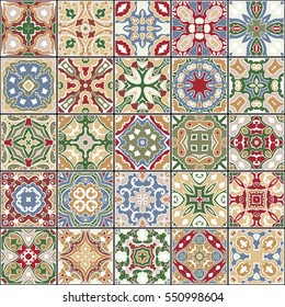 A collection of ceramic tiles in retro colors. A set of square patterns in ethnic style. Vector illustration.