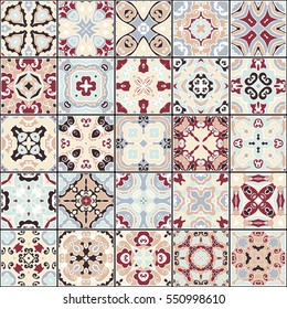 A collection of ceramic tiles in retro colors. A set of square patterns in ethnic style. Vector illustration.