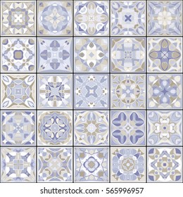A collection of ceramic tiles in retro colors. A set of square patterns in ethnic style. Vector illustration.