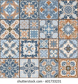 A collection of ceramic tiles in retro colors. A set of square patterns in ethnic style. Vector illustration.