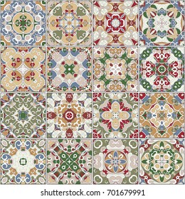 A collection of ceramic tiles in retro colors. A set of square patterns in ethnic style. Vector illustration.