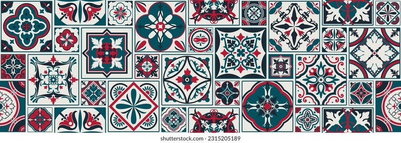 Collection of ceramic tiles in Turkish style. Seamless colorful patchwork of Azulejo tiles. Portuguese and Spanish decor. Islamic, Arabic, Indian, Ottoman motifs. Vector painted backgrounds.