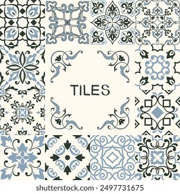 Collection of ceramic tiles in turkish style. Seamless colorful Azulejo tiles. Portuguese and Spain decor. Islam, Arabic, Indian, Ottoman motif. Vector Hand drawn background