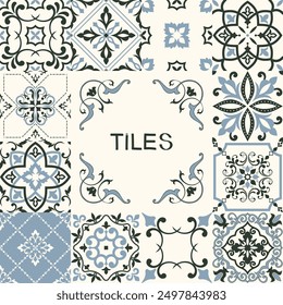 Collection of ceramic tiles in turkish style. Seamless colorful Azulejo tiles. Portuguese and Spain decor. Islam, Arabic, Indian, Ottoman motif. Vector Hand drawn background