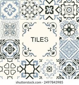 Collection of ceramic tiles in turkish style. Seamless colorful Azulejo tiles. Portuguese and Spain decor. Islam, Arabic, Indian, Ottoman motif. Vector Hand drawn background