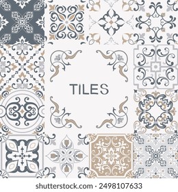 Collection of ceramic tiles in turkish style. Seamless colorful Azulejo tiles. Portuguese and Spain decor. Islam, Arabic, Indian, Ottoman motif. Vector Hand drawn background