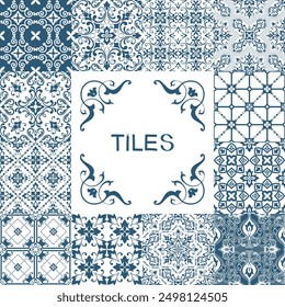 Collection of ceramic tiles in turkish style. Seamless colorful Azulejo tiles. Patchwork. Portuguese and Spain decor. Islam, Arabic, Indian, Ottoman motif. Vector Hand drawn background