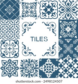 Collection of ceramic tiles in turkish style. Seamless colorful Azulejo tiles. Patchwork. Portuguese and Spain decor. Islam, Arabic, Indian, Ottoman motif. Vector Hand drawn background