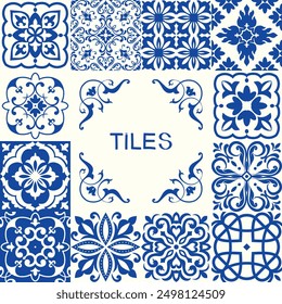 Collection of ceramic tiles in turkish style. Seamless colorful Azulejo tiles. Patchwork. Portuguese and Spain decor. Islam, Arabic, Indian, Ottoman motif. Vector Hand drawn background